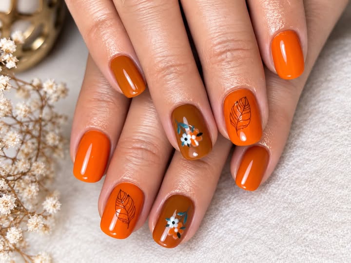 Narancs és levélmintás őszi köröm a Nails by Timi MI-tartalomként jelölt Facebook-bejegyzéséből